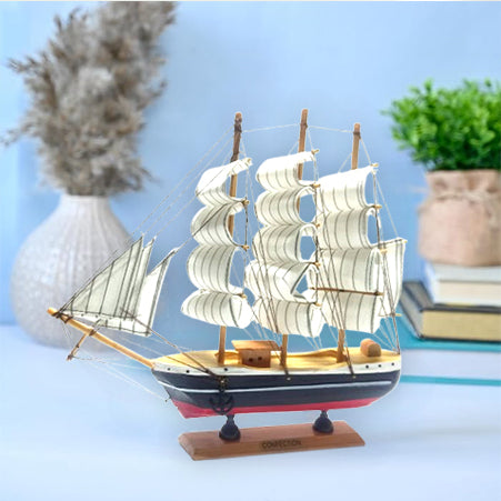 White Wooden Marine Nautical Sailing Boat Ship Ornament | Showpiece for Home Decor & Office Table Decor