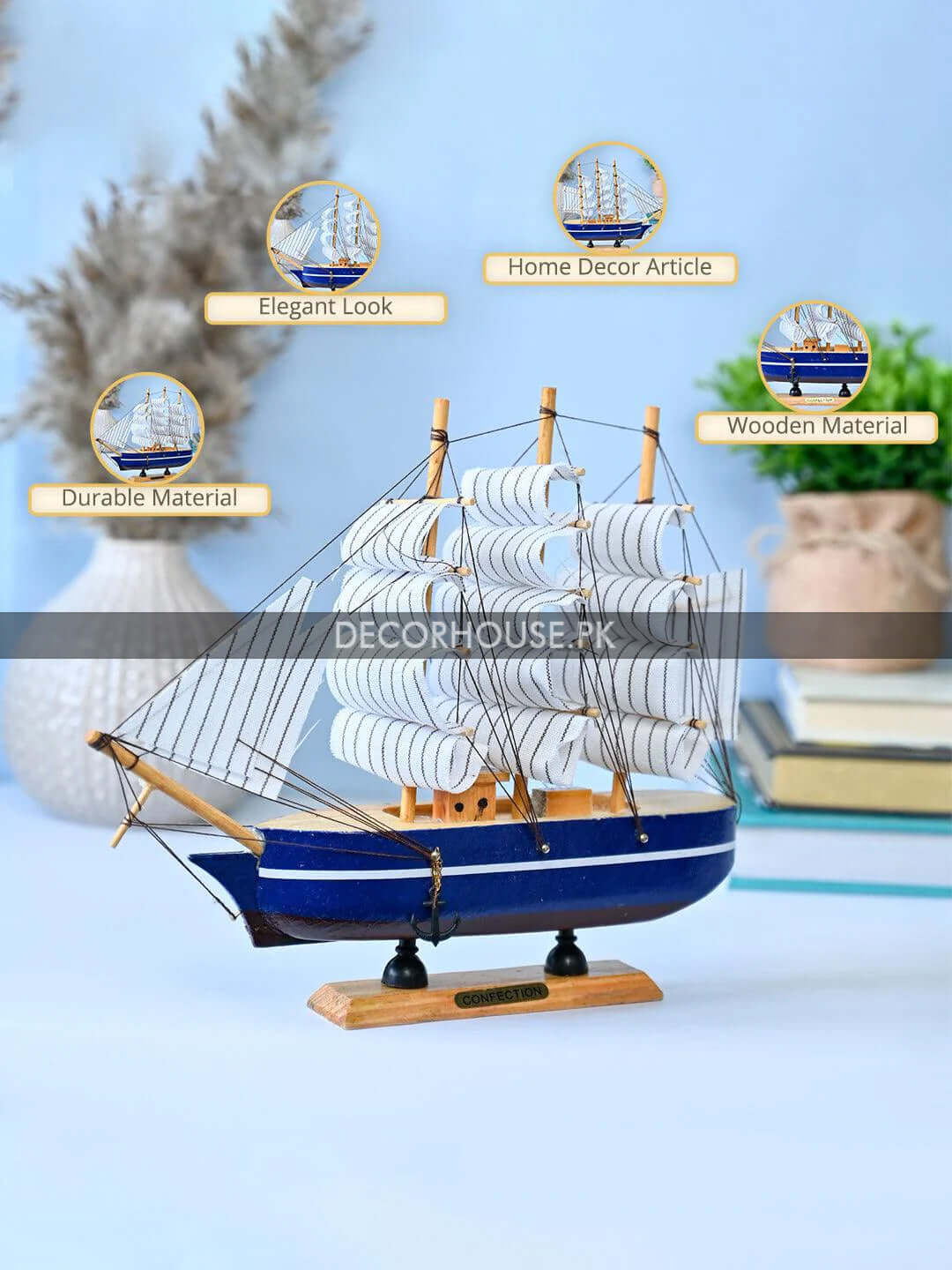 White Wooden Marine Nautical Sailing Boat Ship Ornament | Showpiece for Home Decor & Office Table Decor